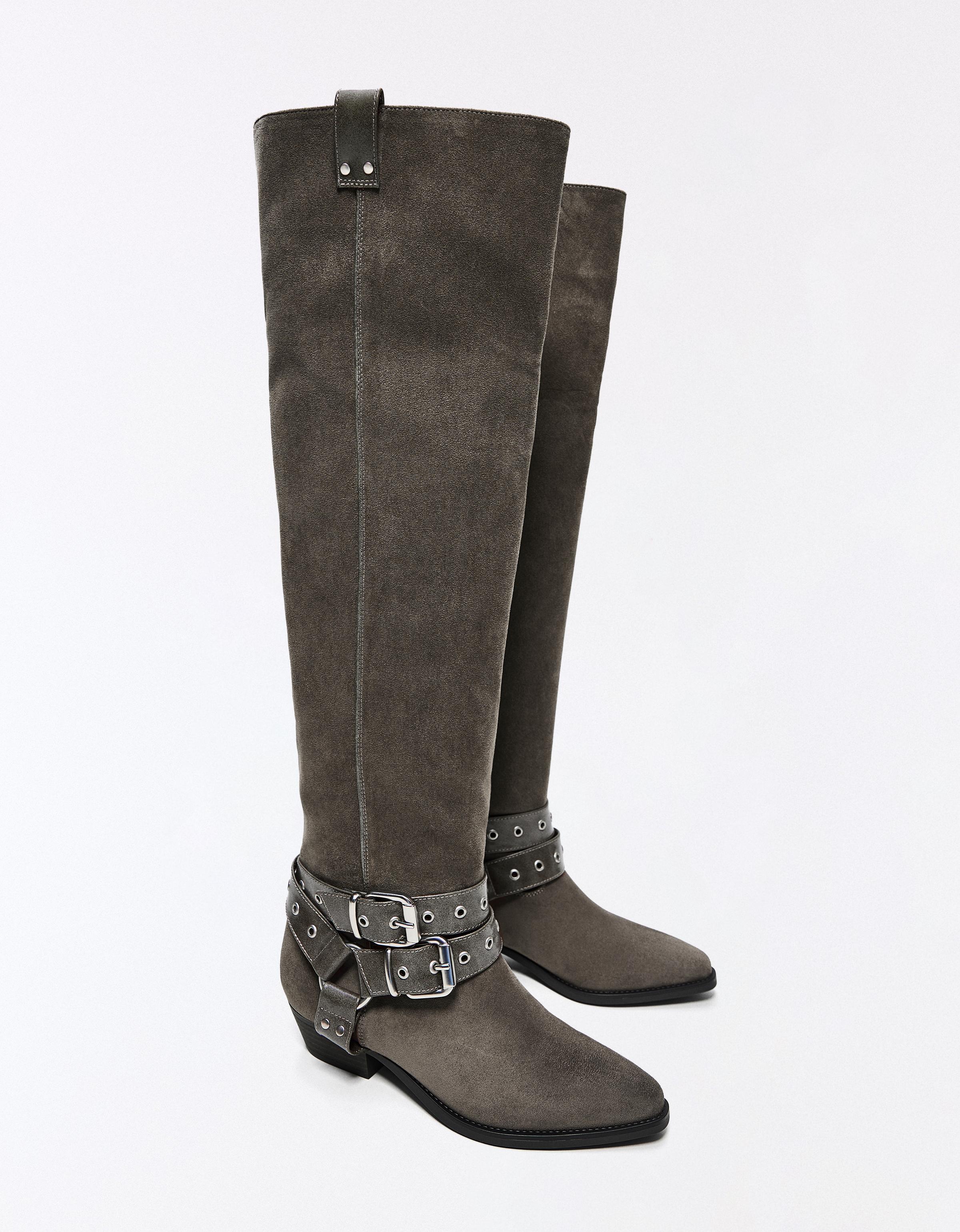 FLAT SLOUCHY BIKER BOOTS — Grey