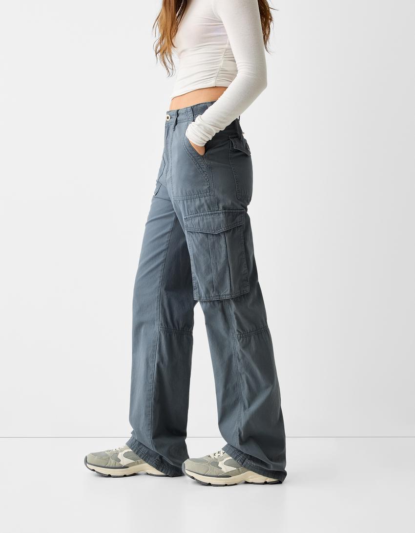 Pantalons de butxaques straight ajustable-Blau-3