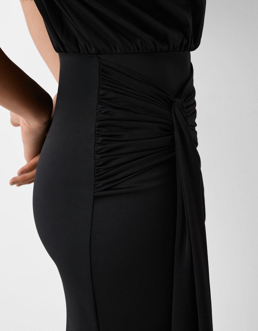 Vestido curto de manga curta com nó-Preto-6