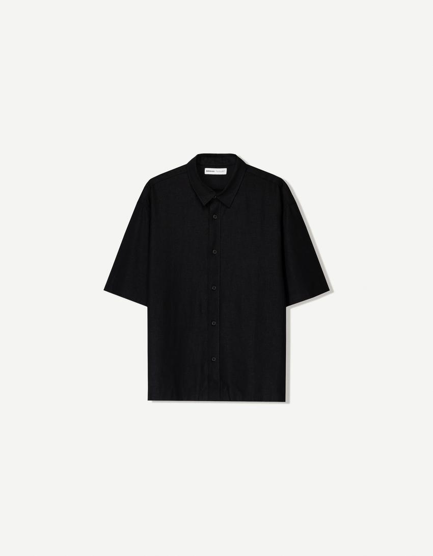 Short sleeve linen blend shirt-Black