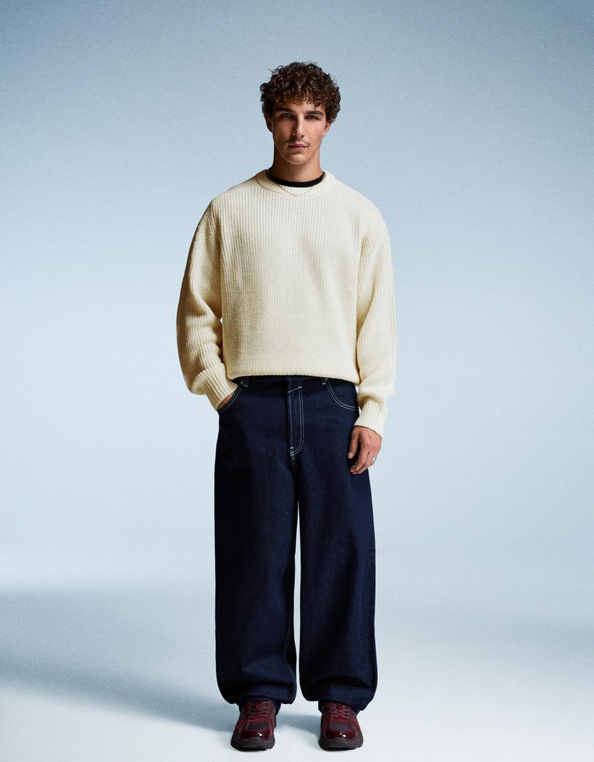 Purl knit wool blend sweater-Off white-3