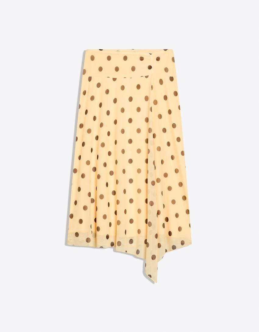 Asymmetric polka dot midi skirt-Yellow