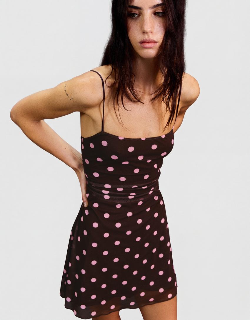Robe mini bretelles tulle-Marron