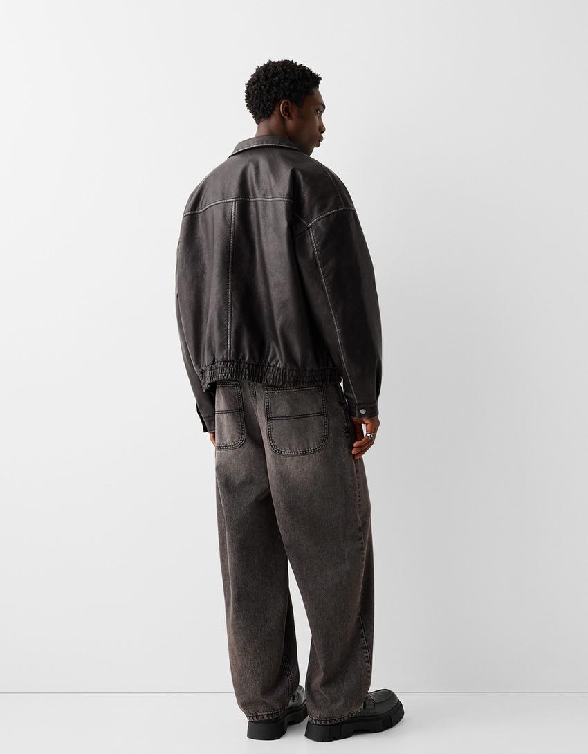 Blouson oversize similicuir effet usé-Noir-1