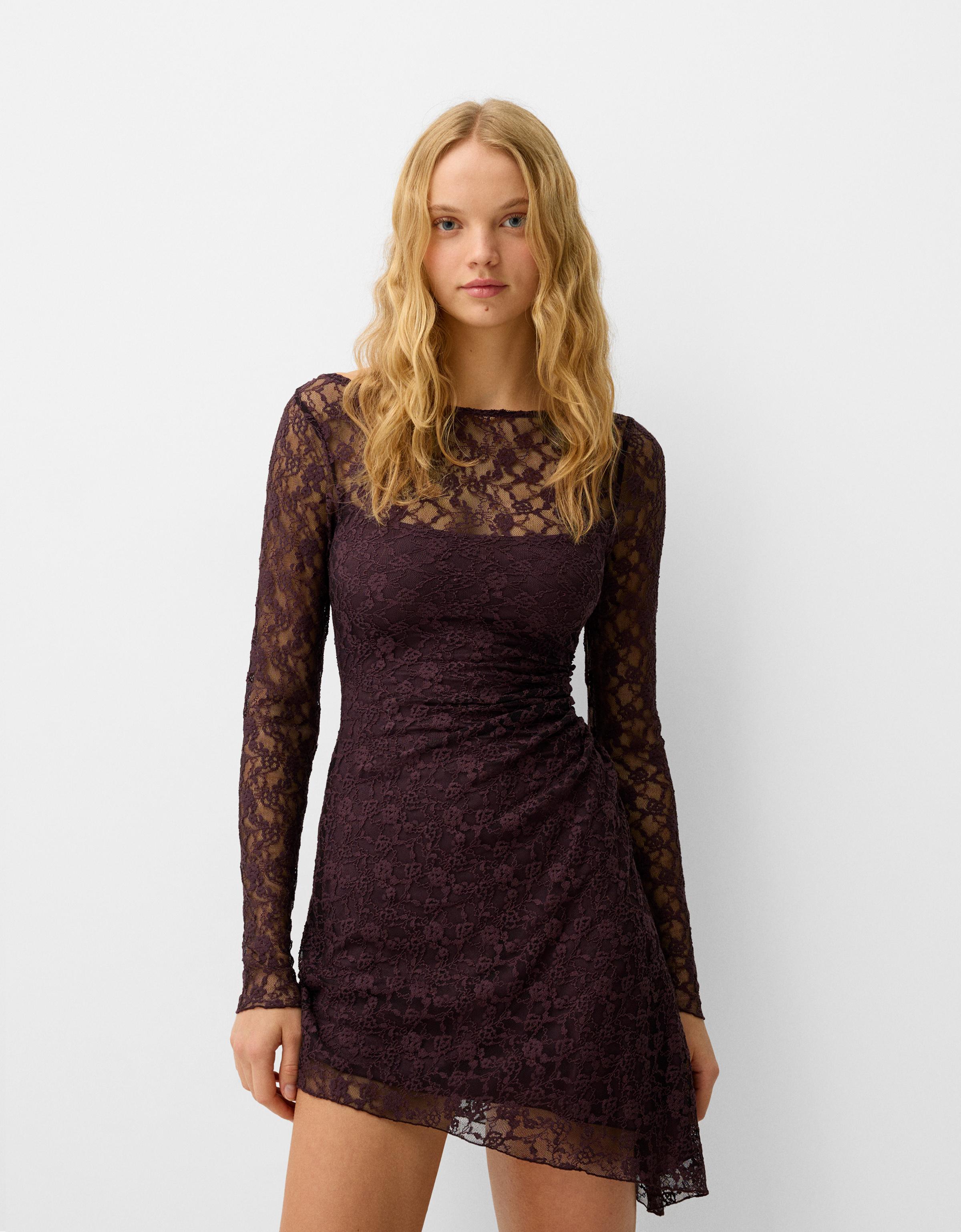 Bershka Minikleid Mit Langen Ärmeln Und Spitzenkante Damen M Violett