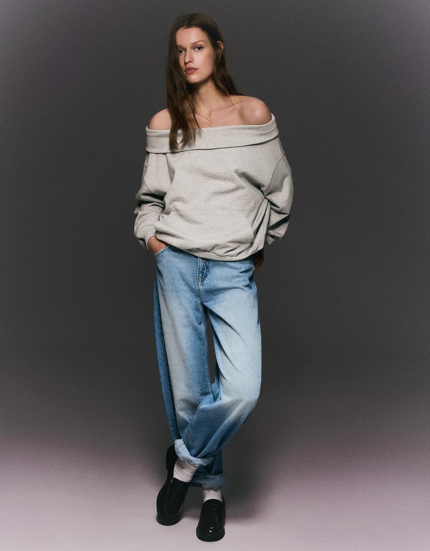 Uzun kollu Carmen yaka kazak-Gri