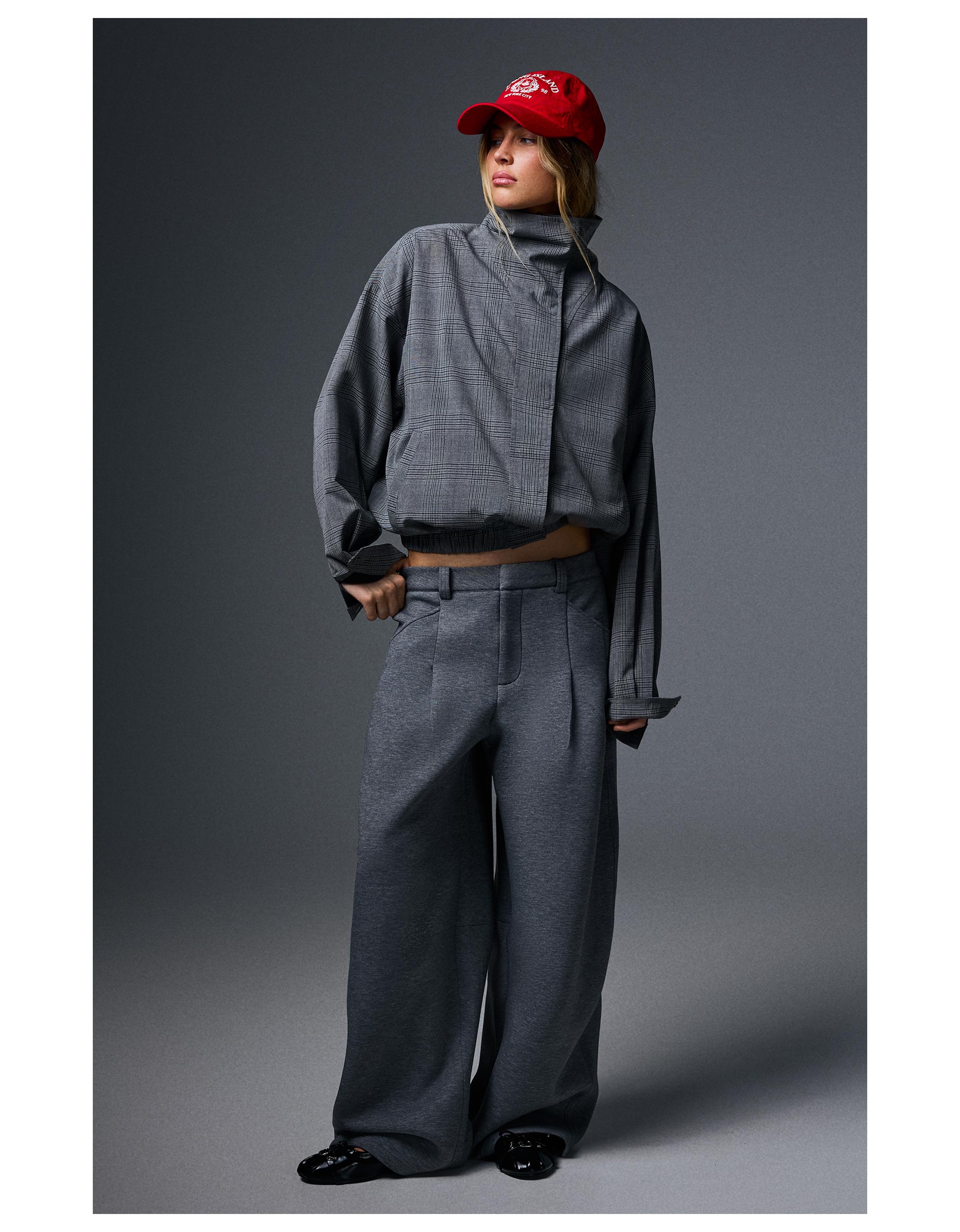 Checked funnel neck jacket — Grey