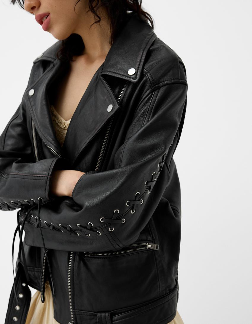 Leather biker jacket with tie detail-Black-4