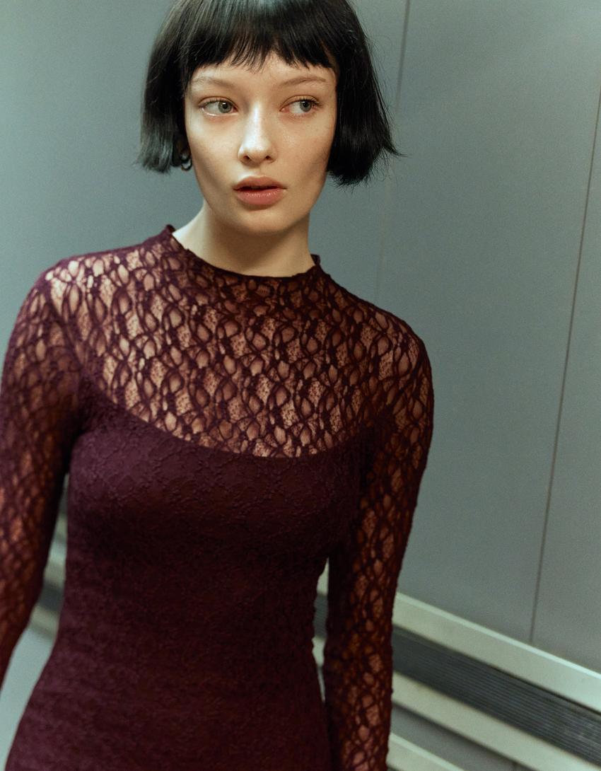 Blonde lace long-sleeve midi dress-Burgundy