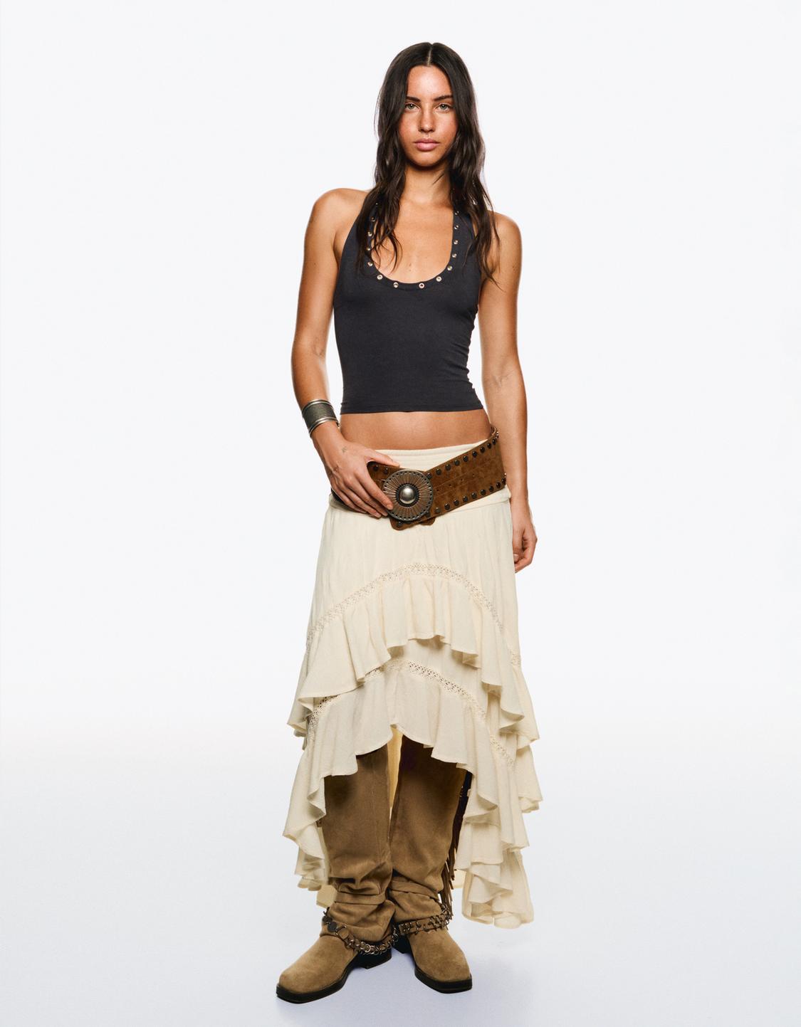 Textured asymmetric maxi skirt with lace trim