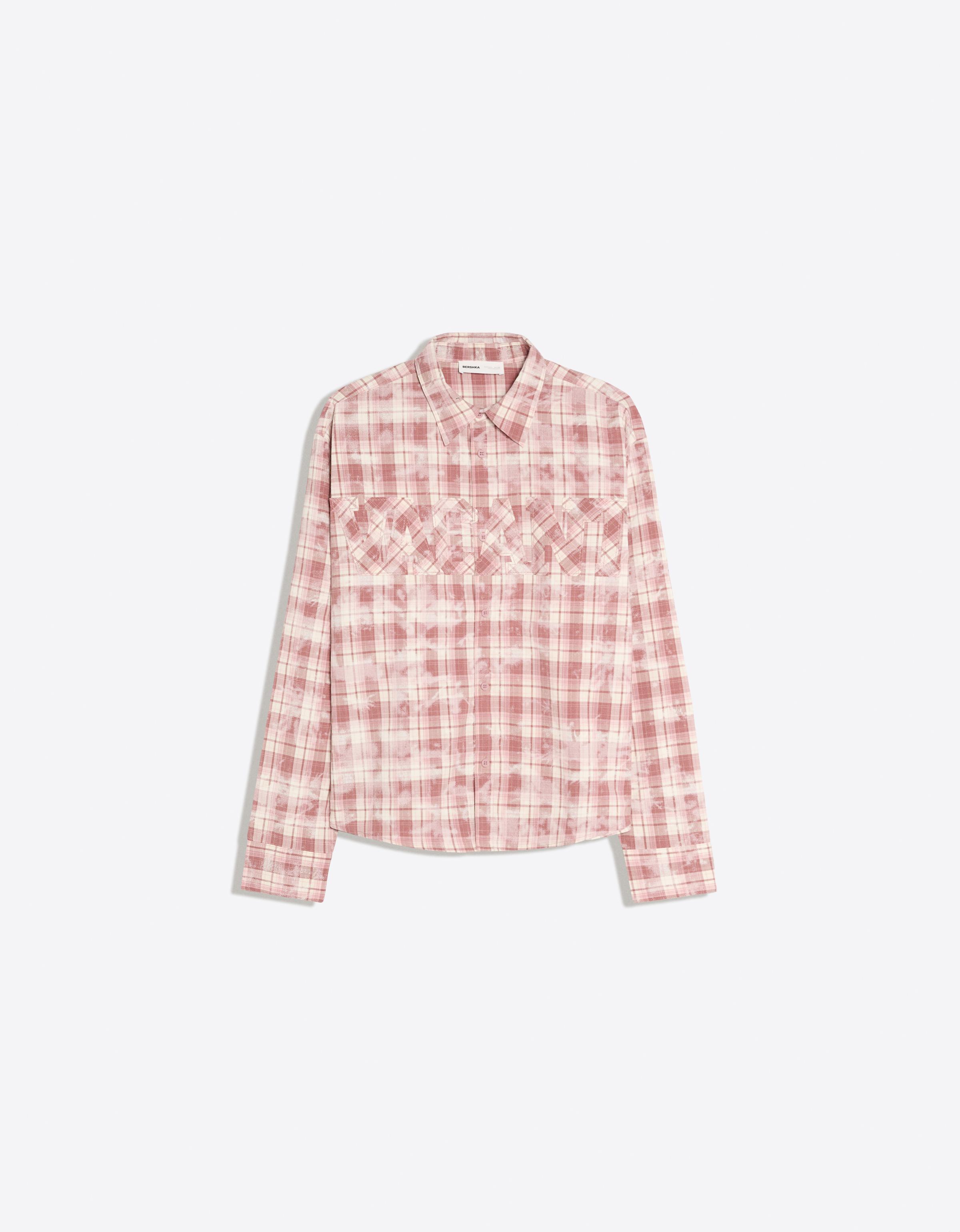 Bershka Camisa Manga Larga Cuadros Parche Hombre L Rosa