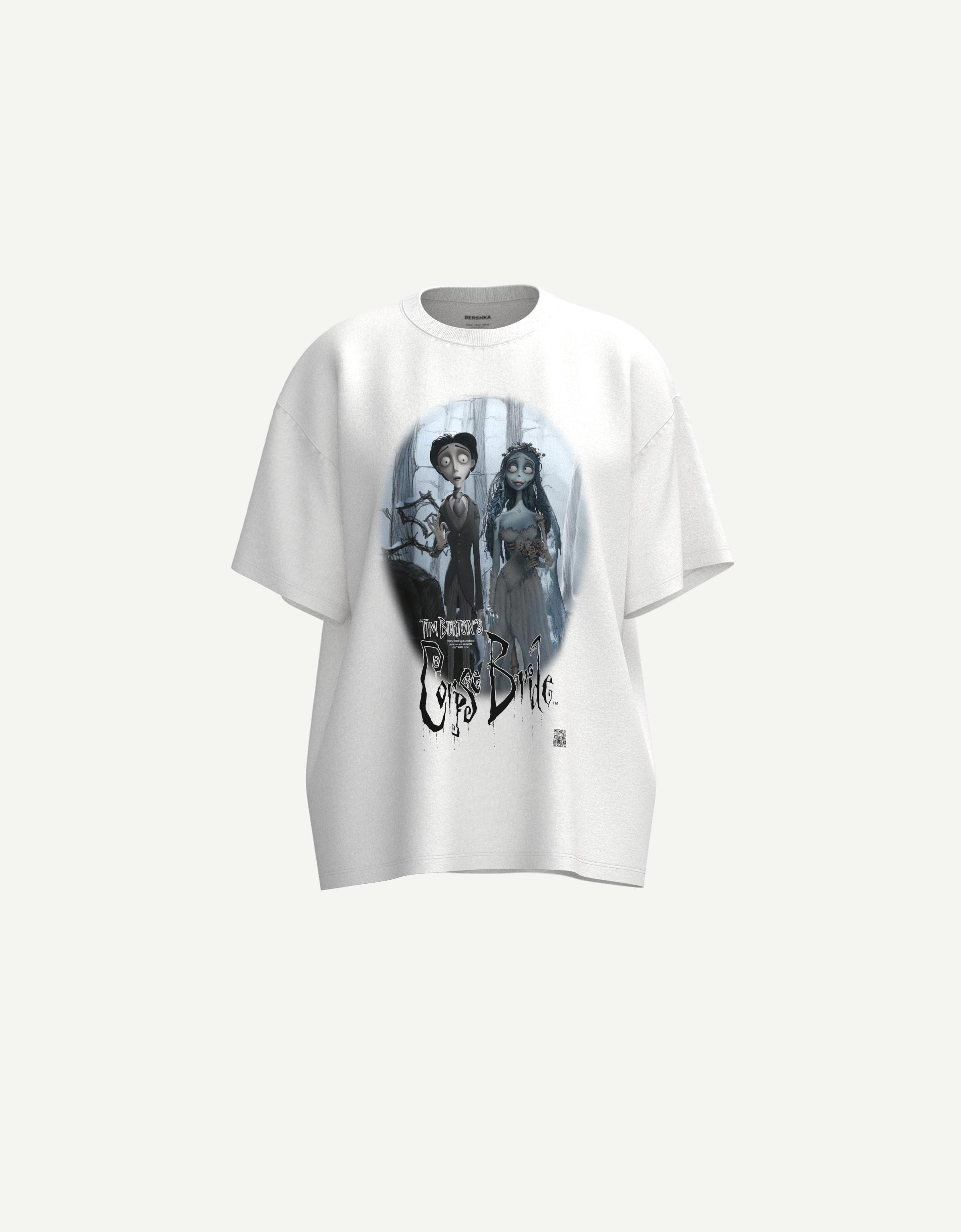 Bershka T-Shirt Corpse Bride Kurze Ärmel Mit Digitalem Filter Damen L Grbrochenes Weiss