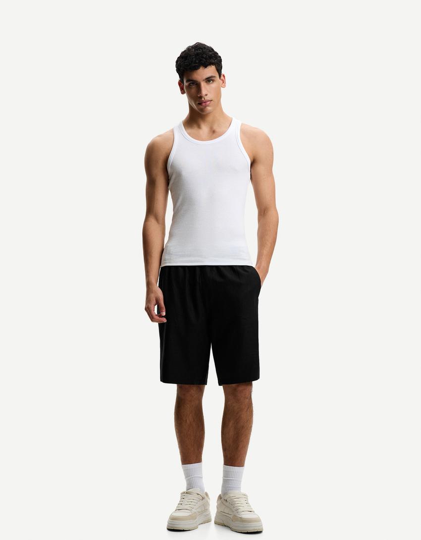 Bermuda jogging loose avec lin-Noir