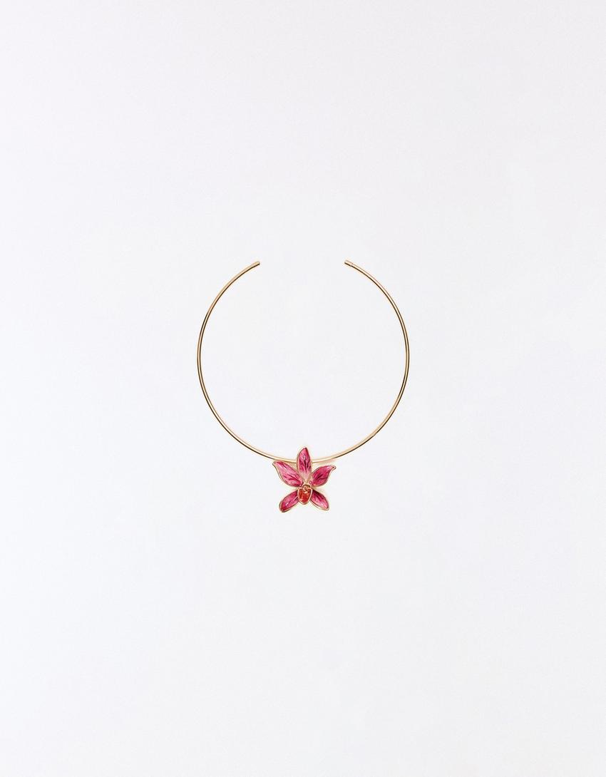 Kalung choker kaku bunga-Merah muda