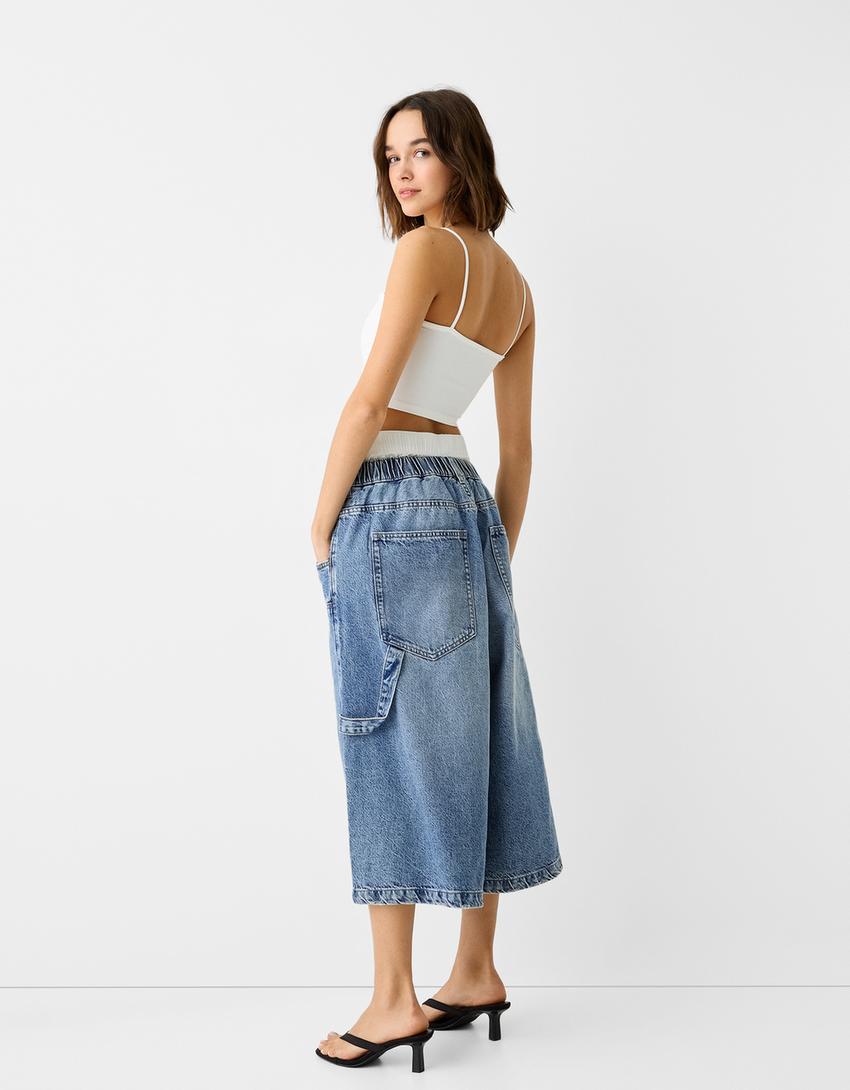 Calções bermuda jort denim baggy cintura contraste-Azul lavado-1