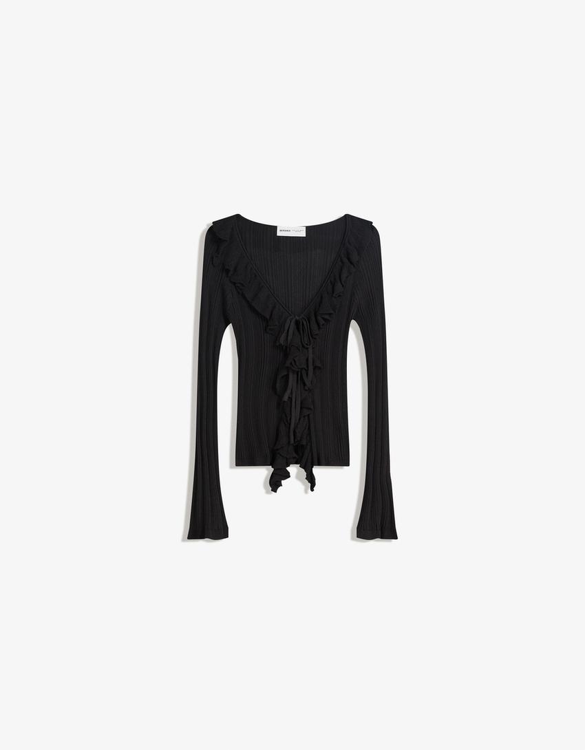 Vest met strik met volant-Zwart