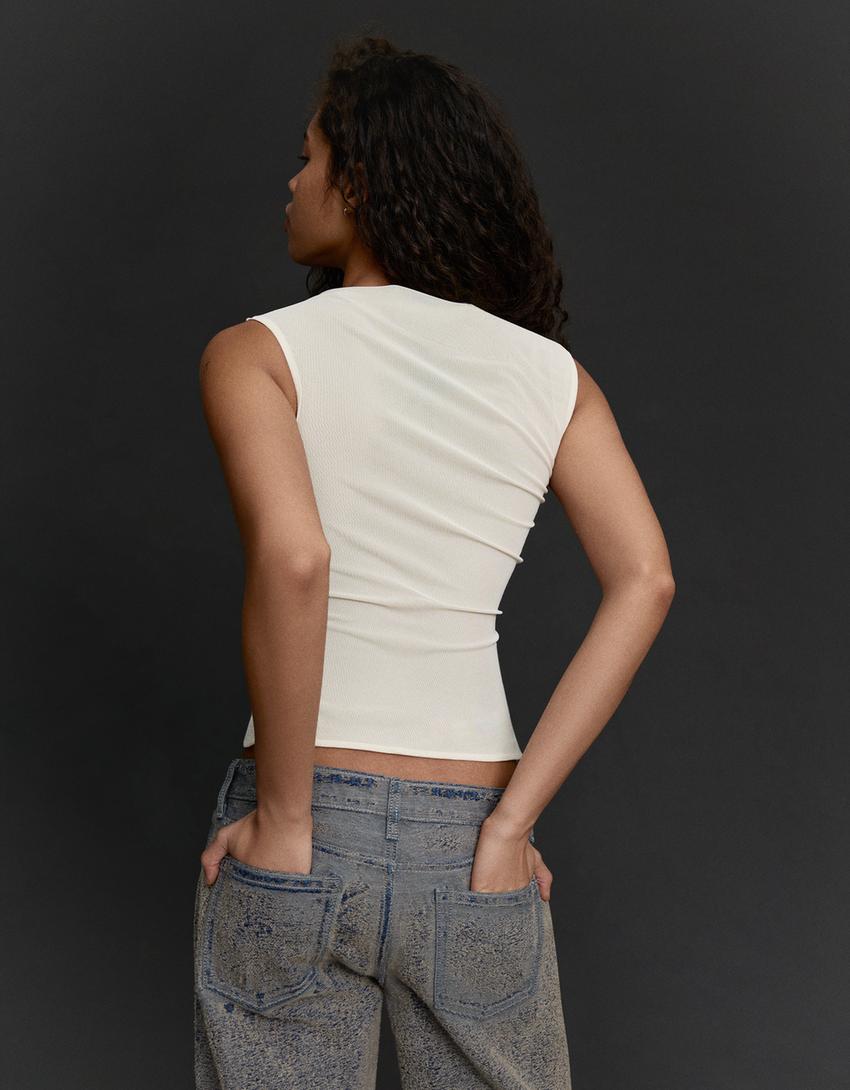 Top tulle à nœuds-Écru