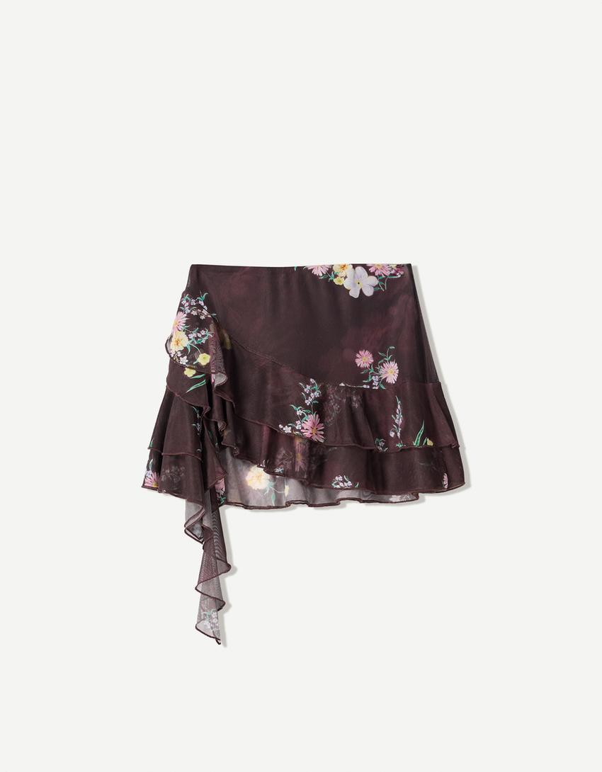 Printed ruffled tulle mini skirt-Violet