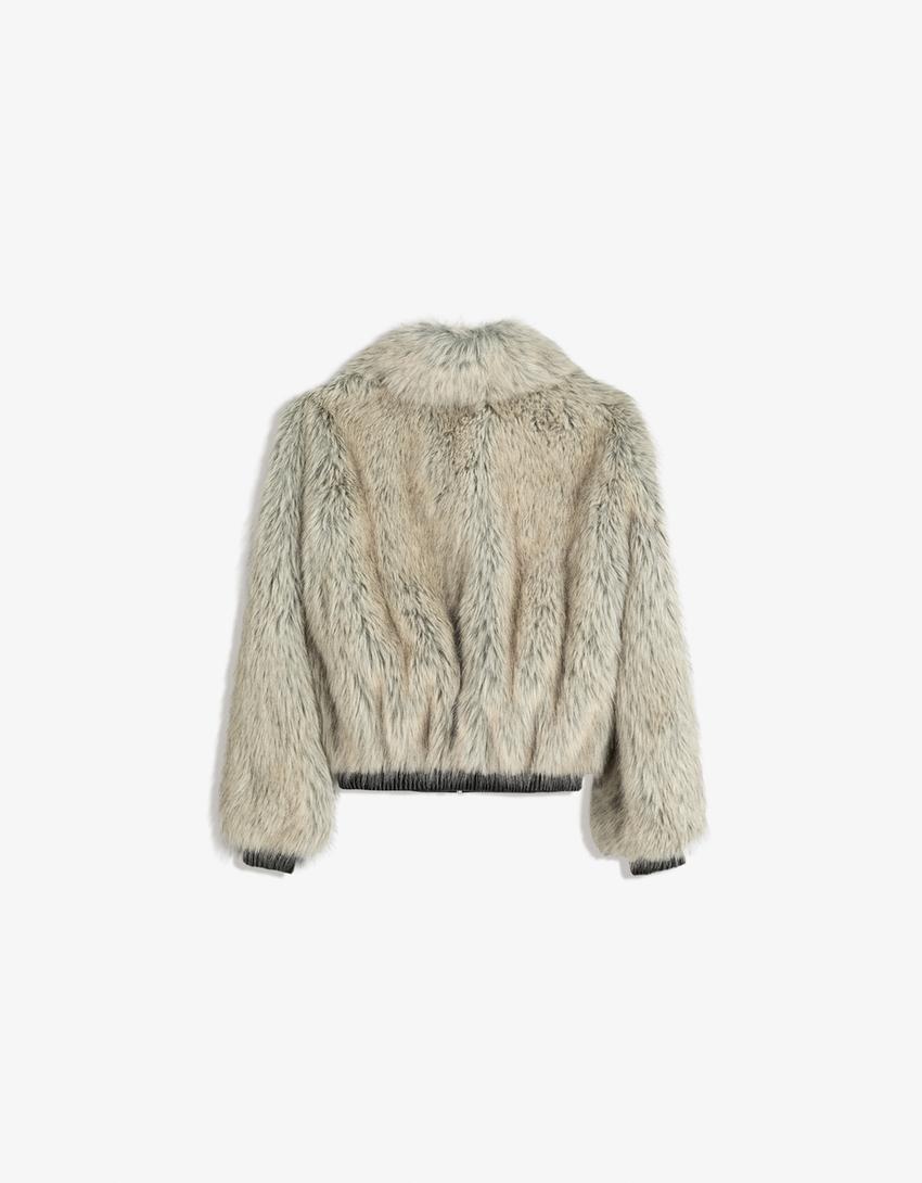 Zip-up faux fur jacket-Grey-2