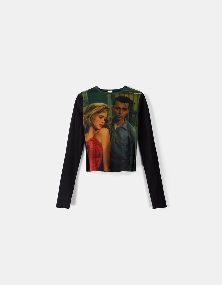 Long sleeve Cry-Baby print tulle T-shirt-Black-4