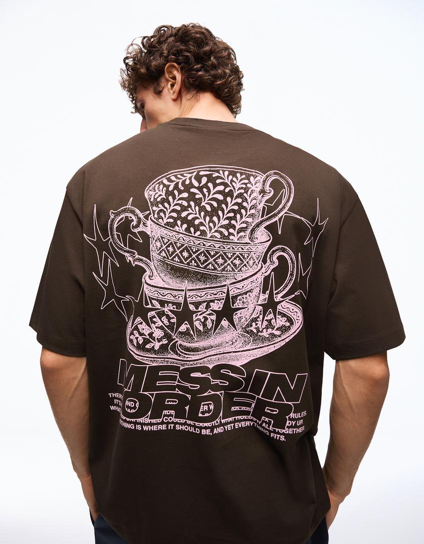 Printed short sleeve T-shirt-Brown