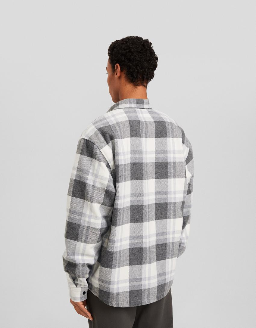 Long sleeve check fleece-lined overshirt-White / Black