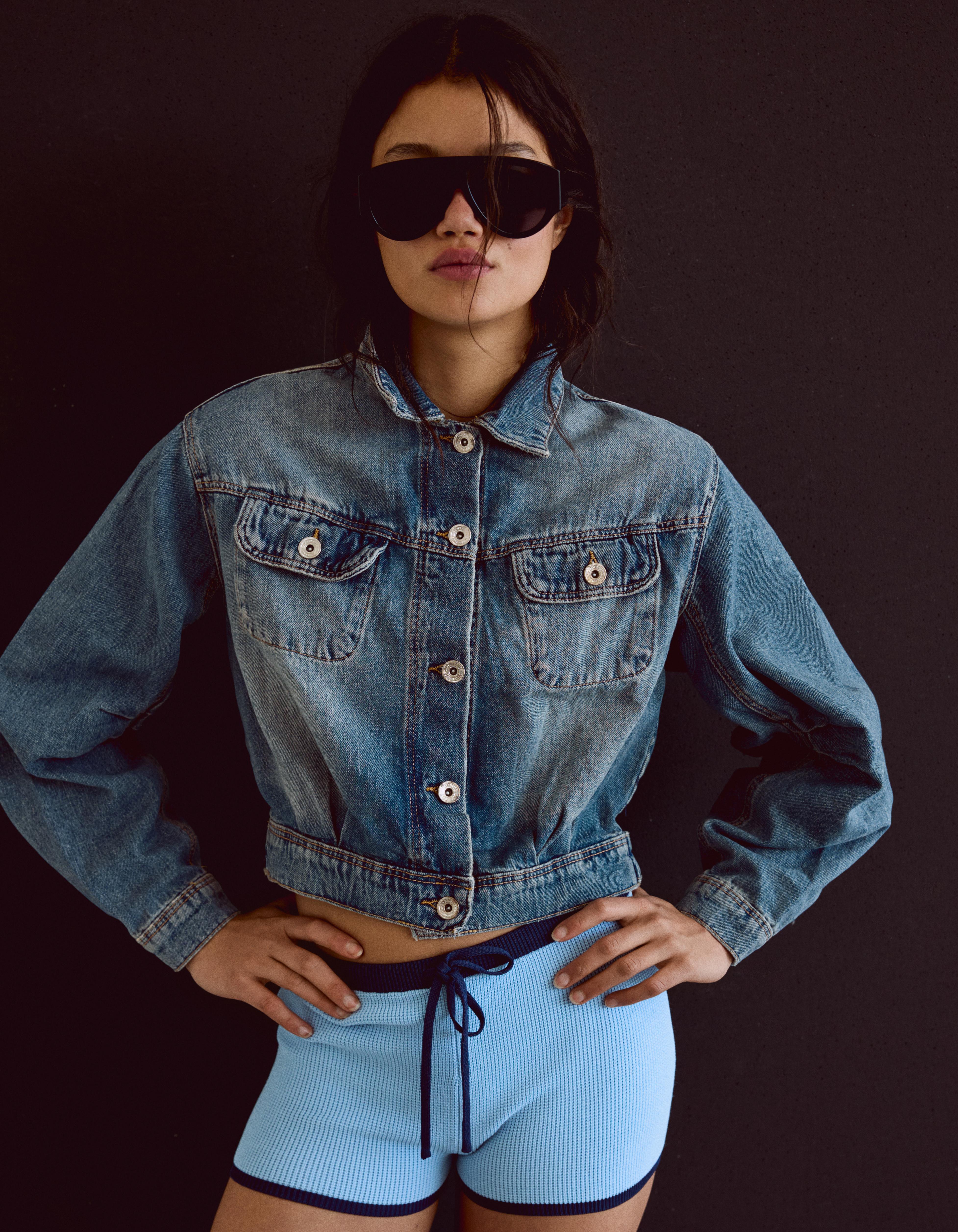 Cropped balloon denim jacket — Light blue