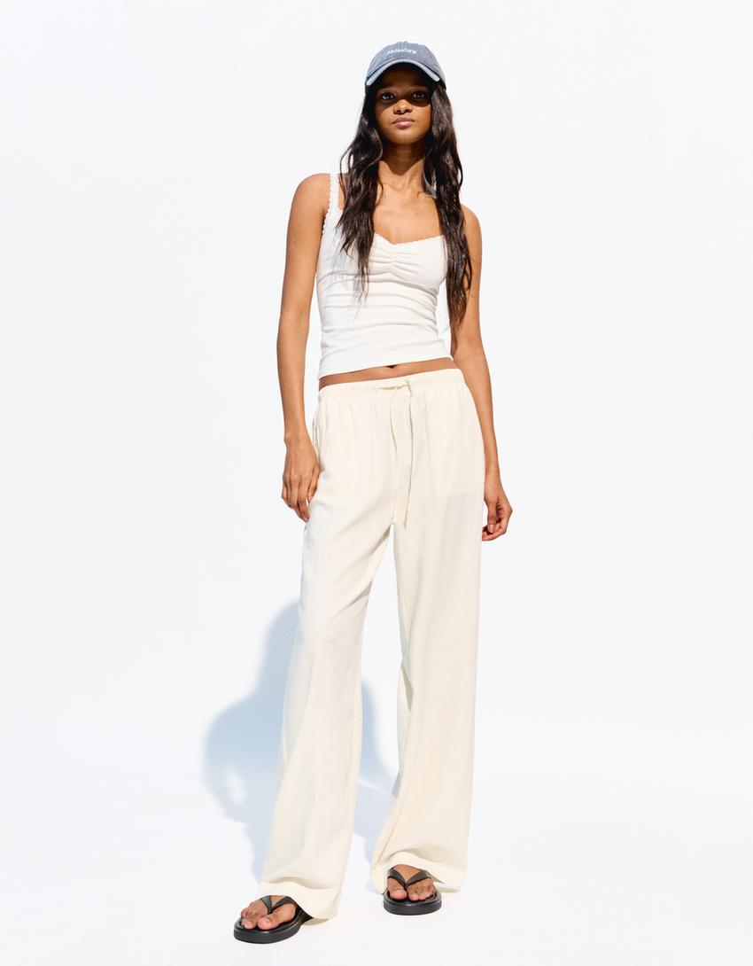 Pantaloni cu in, cu elastic în talie-Galben