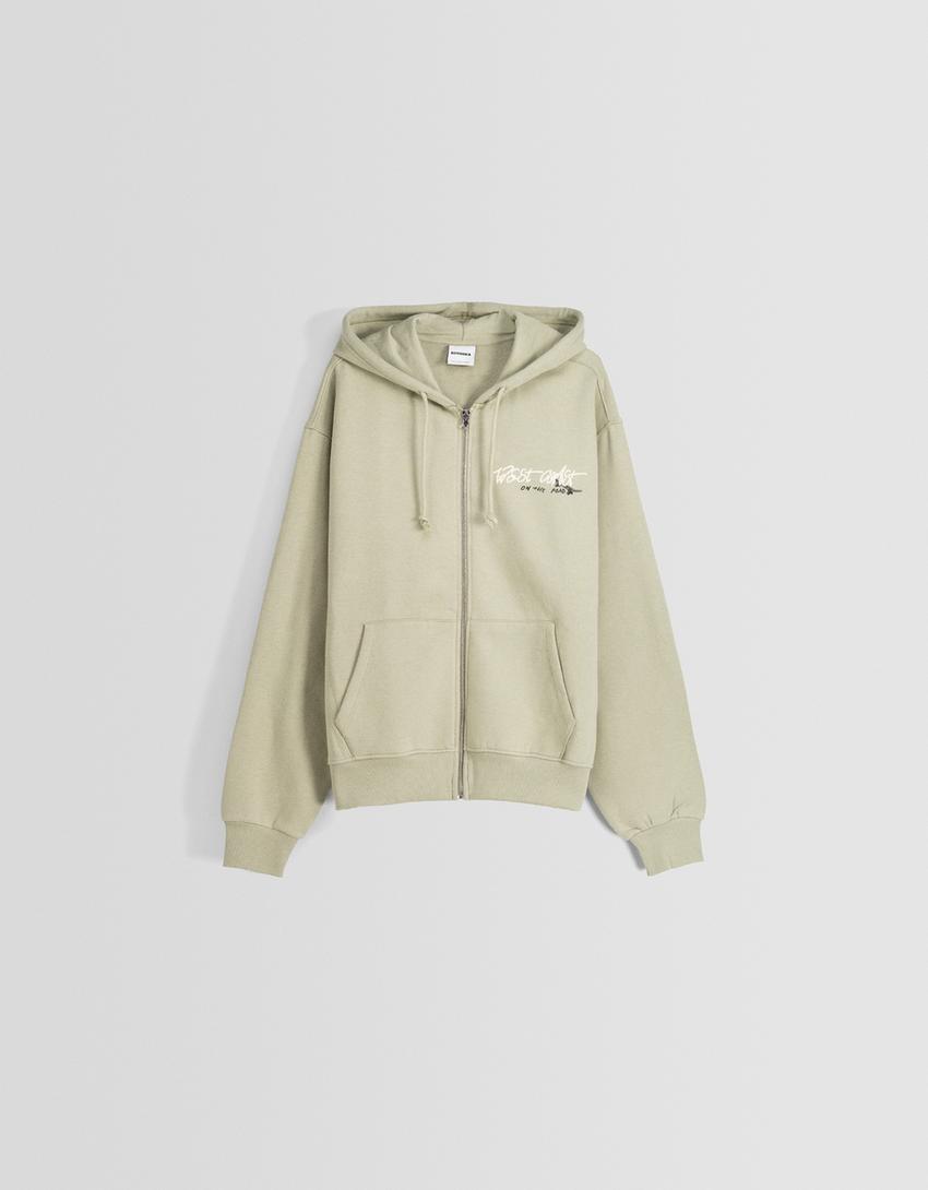 Sweat zippé capuche oversize imprimé-Kaki-4