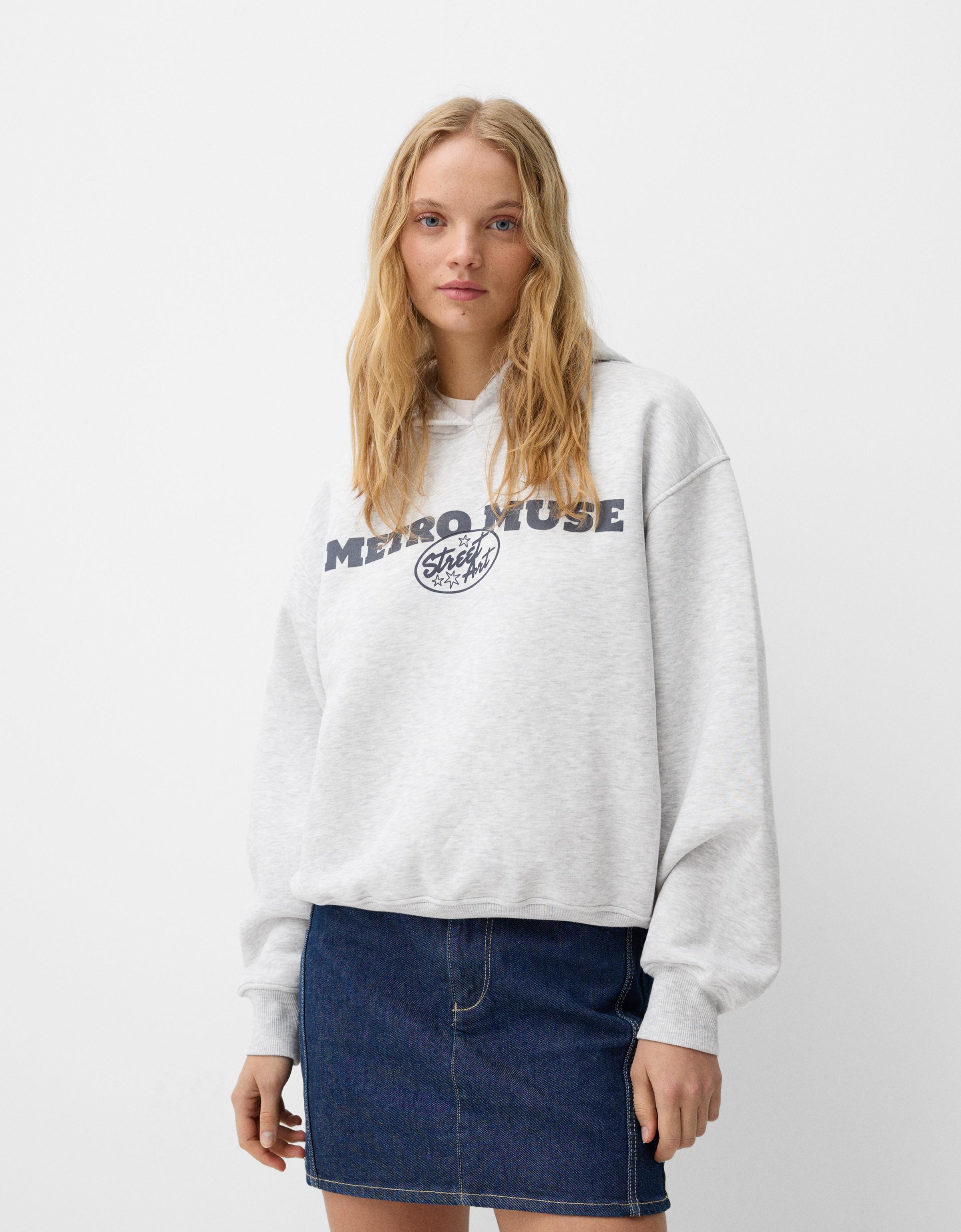 Bershka Hoodie Mit Print Damen Xs Grau