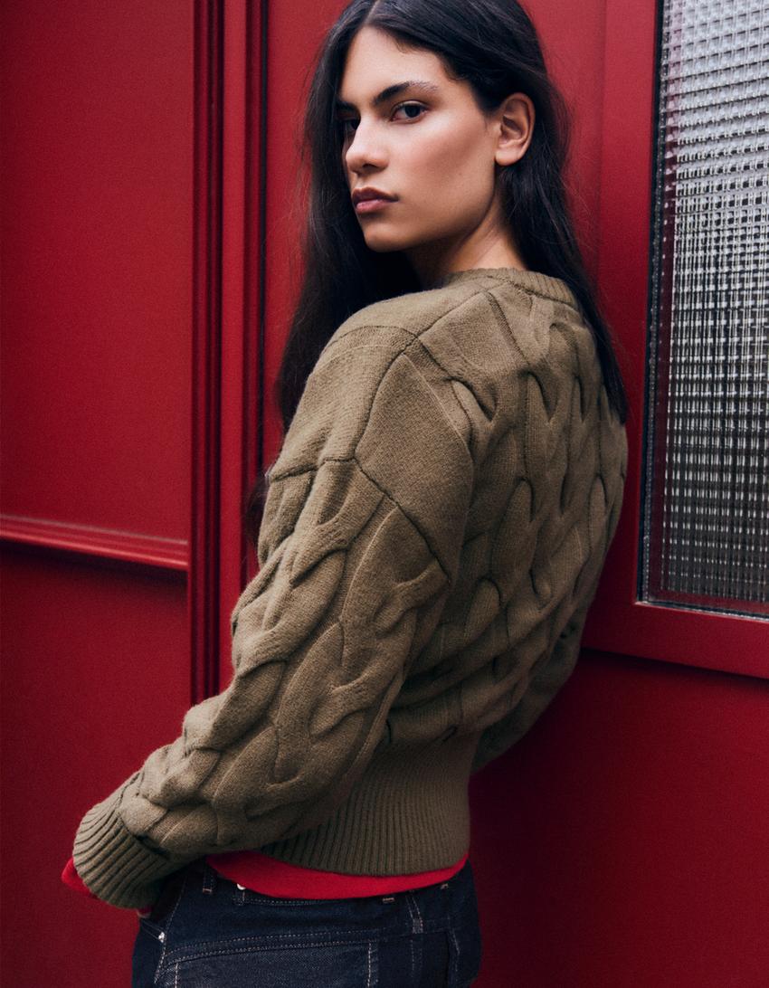Cable-knit crew neck sweater-Khaki