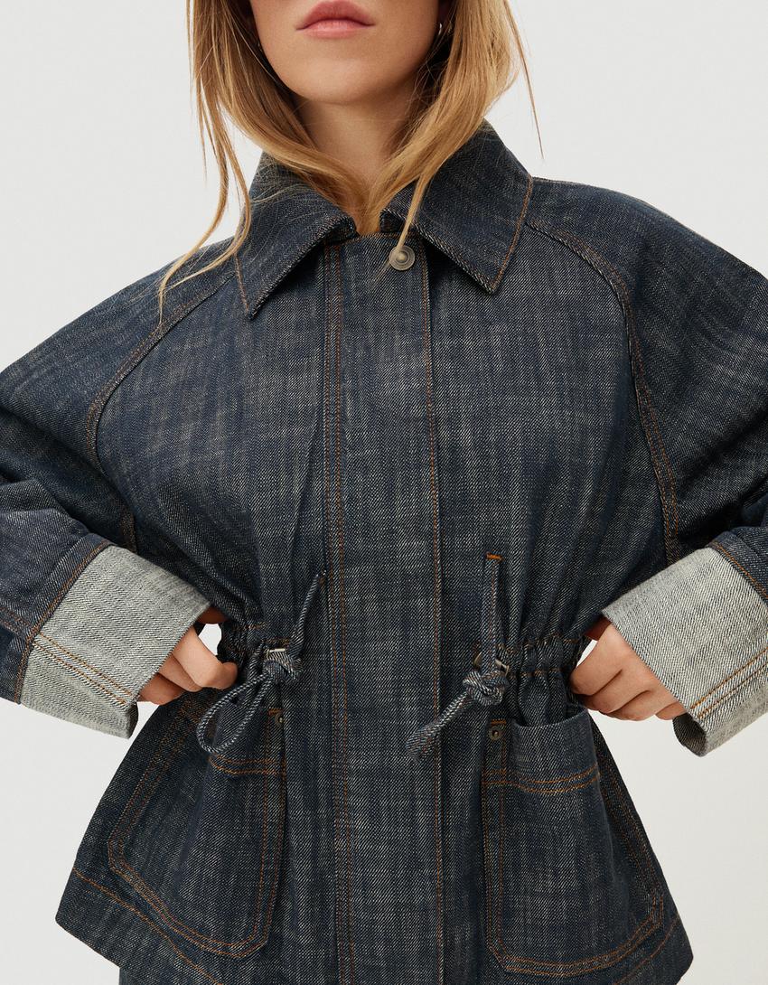 Dokulu oversize denim ceket-Mavi