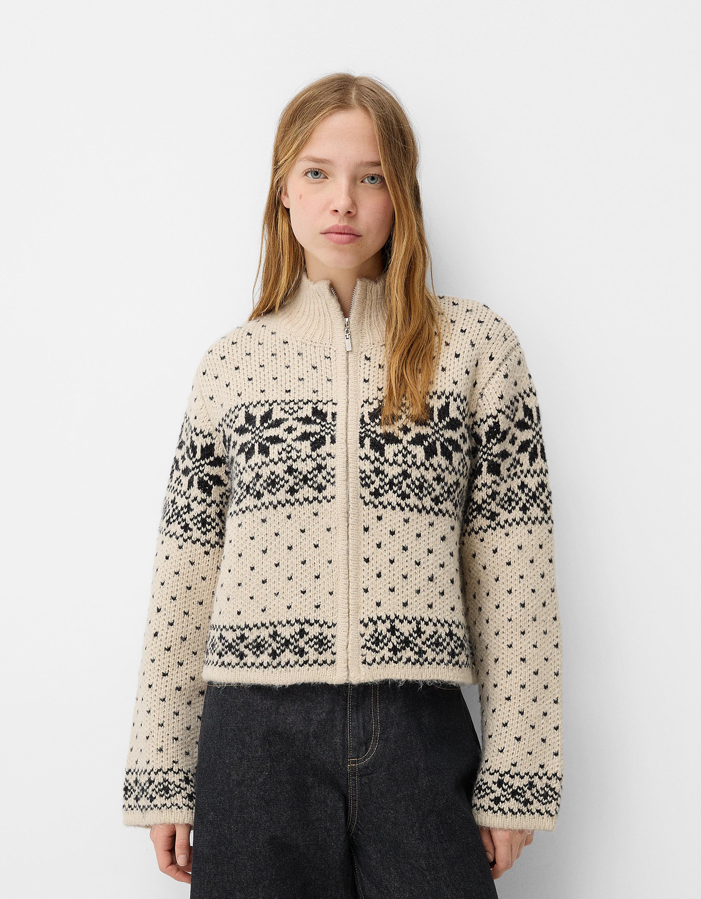 Bershka Jacke Aus Jacquard Mit Reißverschluss Und Stehkragen Damen Xs-S Sandfarbe