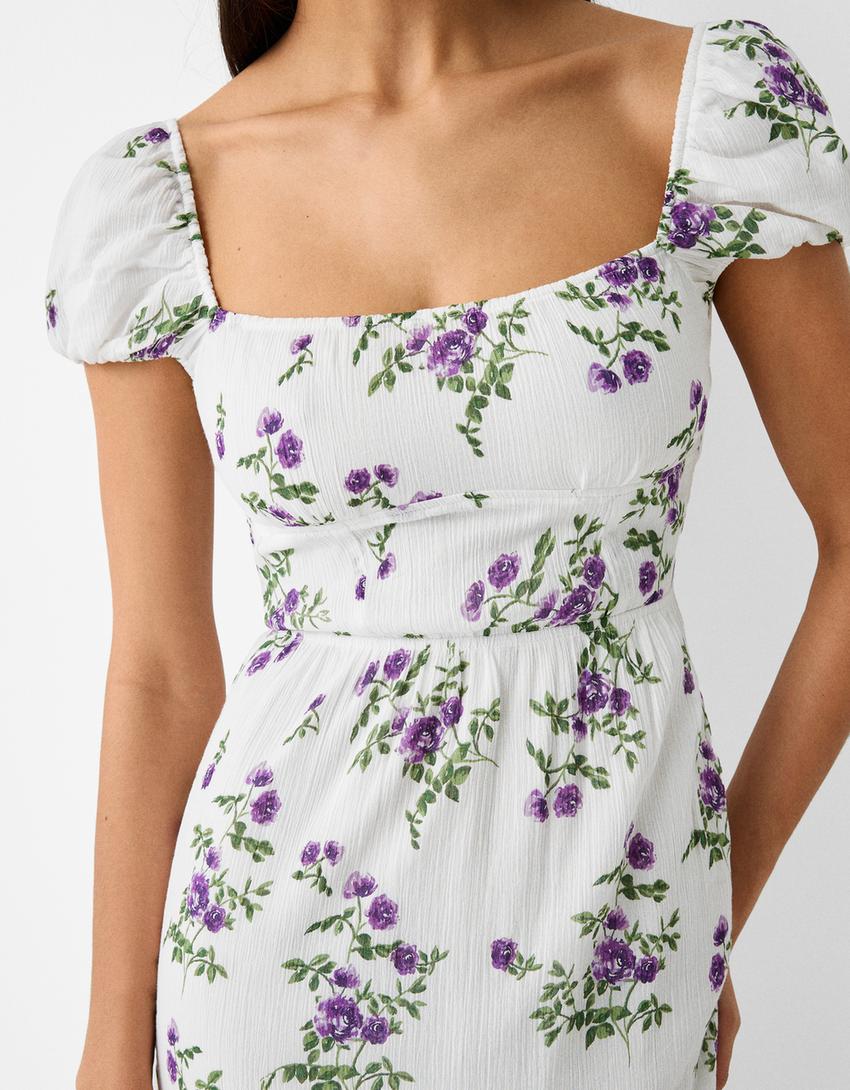 Textured floral print short sleeve midi dress-White-5