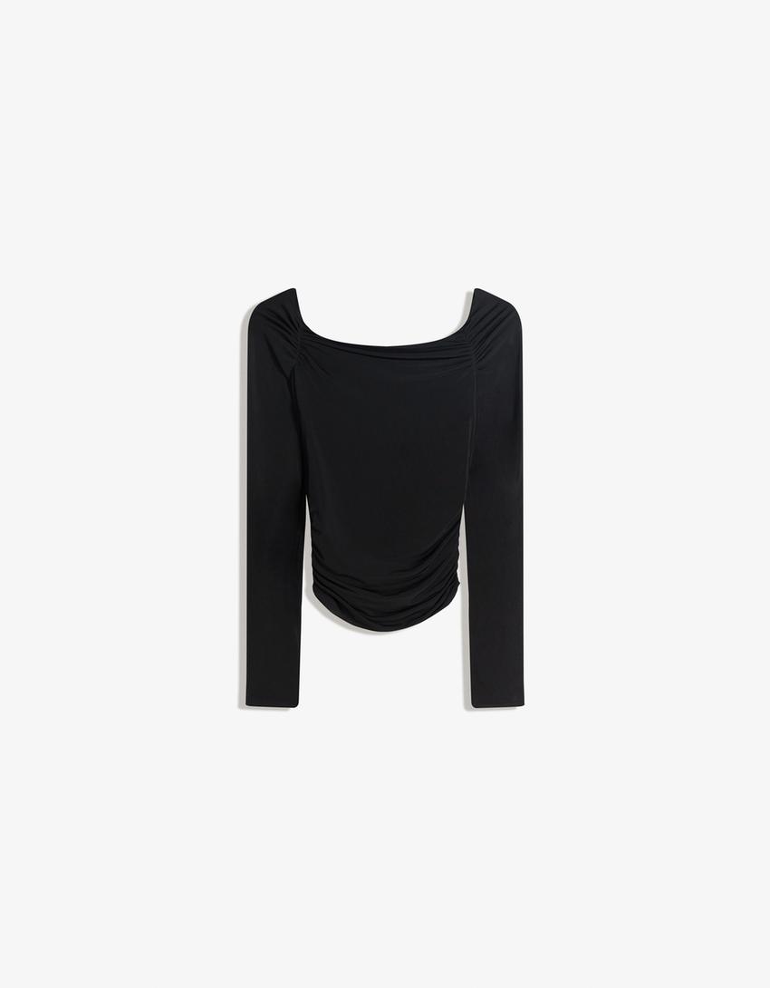 Top manga comprida flor-Preto