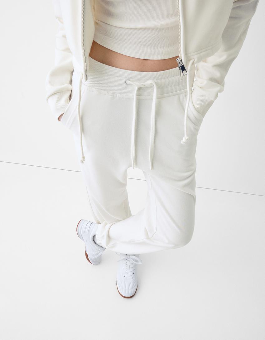 Pantalon jogger en molleton-Blanc cassé-3
