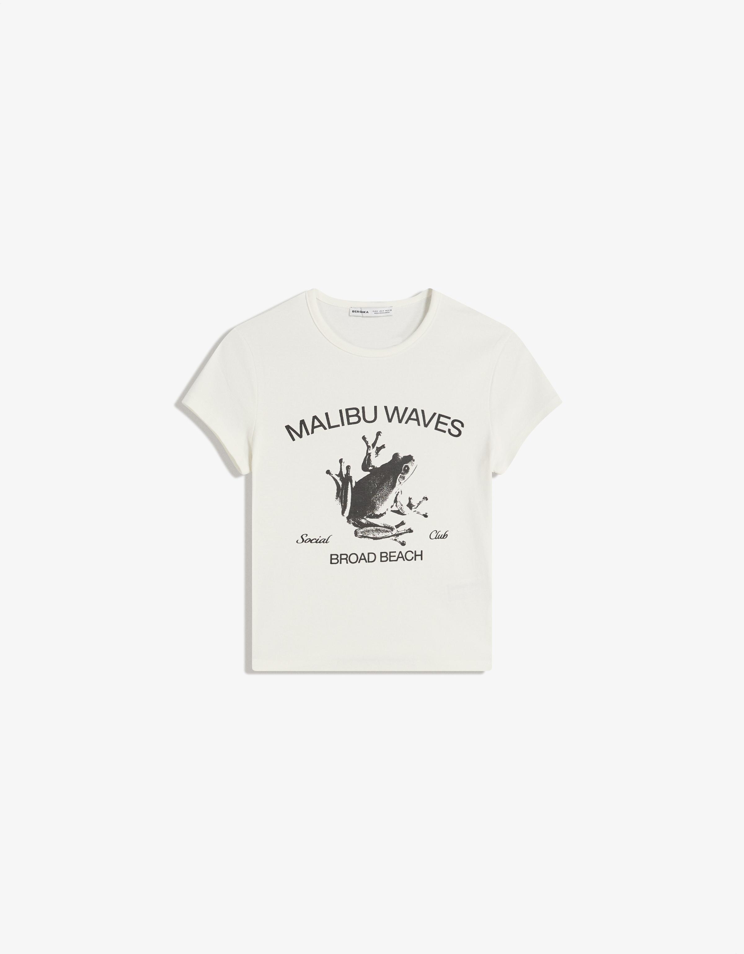 Bershka T-Shirt Mit Print Und Kurzen Ärmeln Damen M Weiss