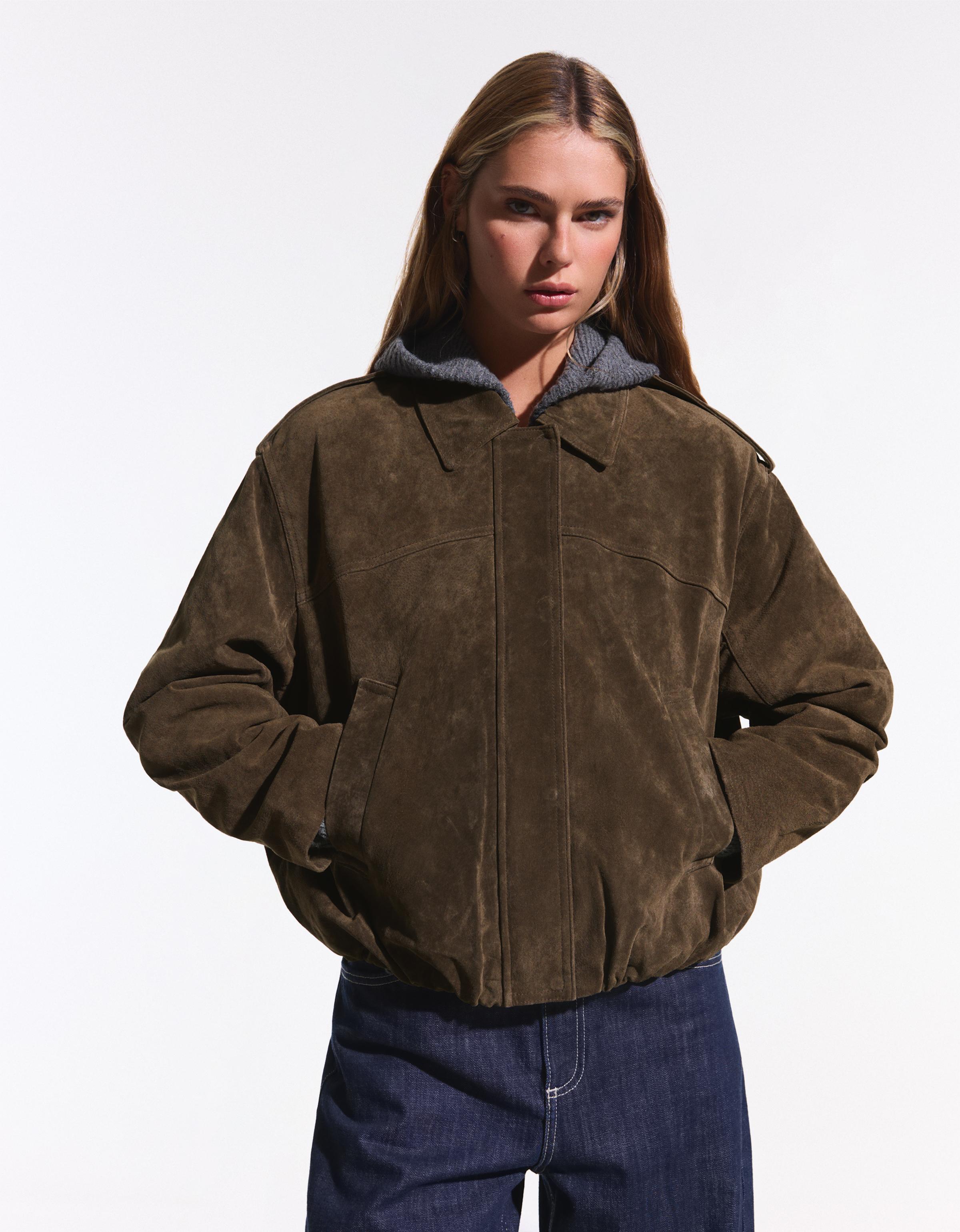 Bershka Jacke Aus Leder Und Wildleder Damen Xs-S Khaki