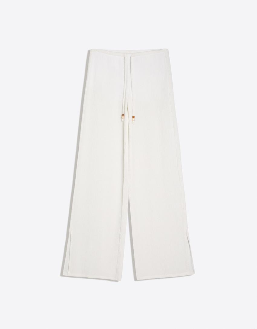 Pantalon wide leg taille élastique-Écru