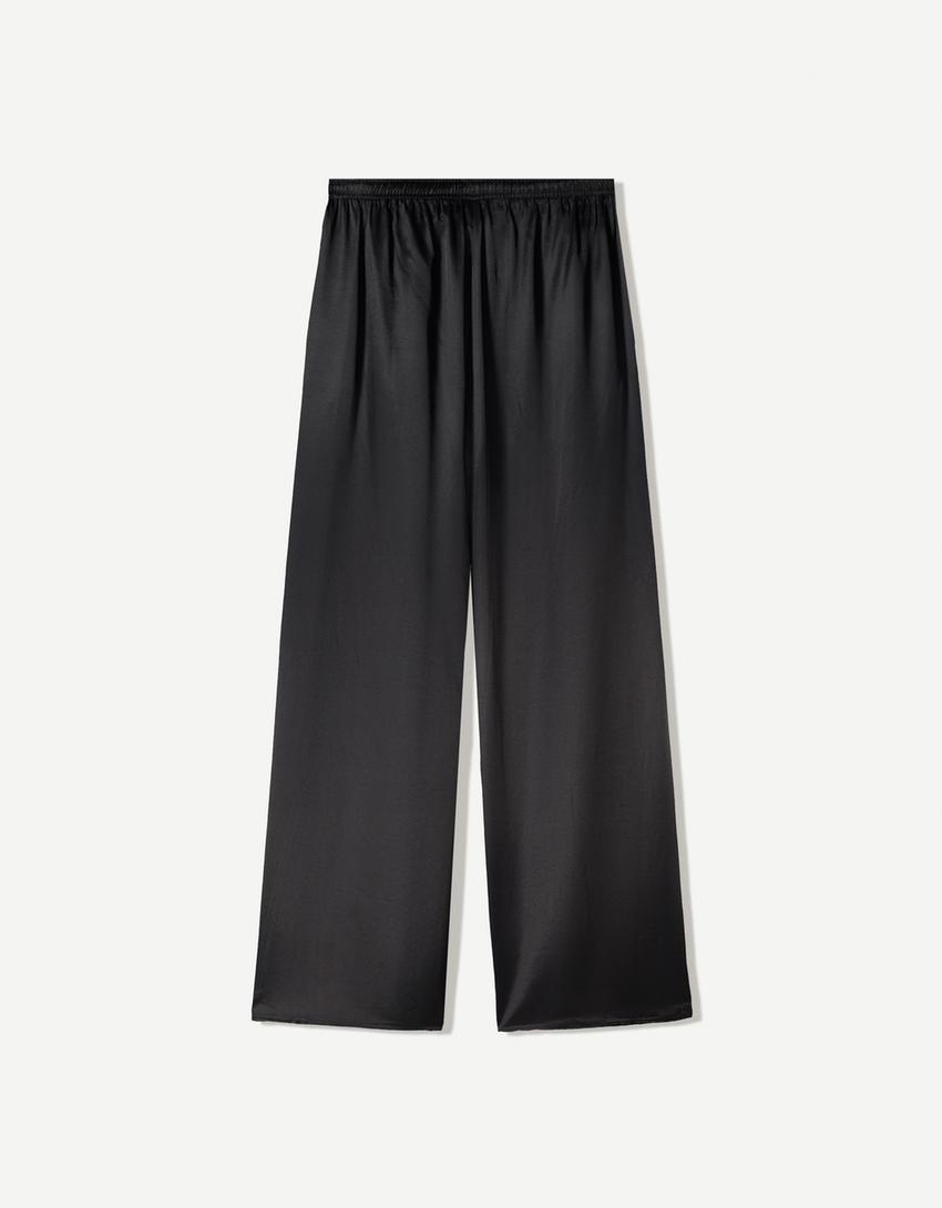 Pantalón wide leg jogger satén-Negro