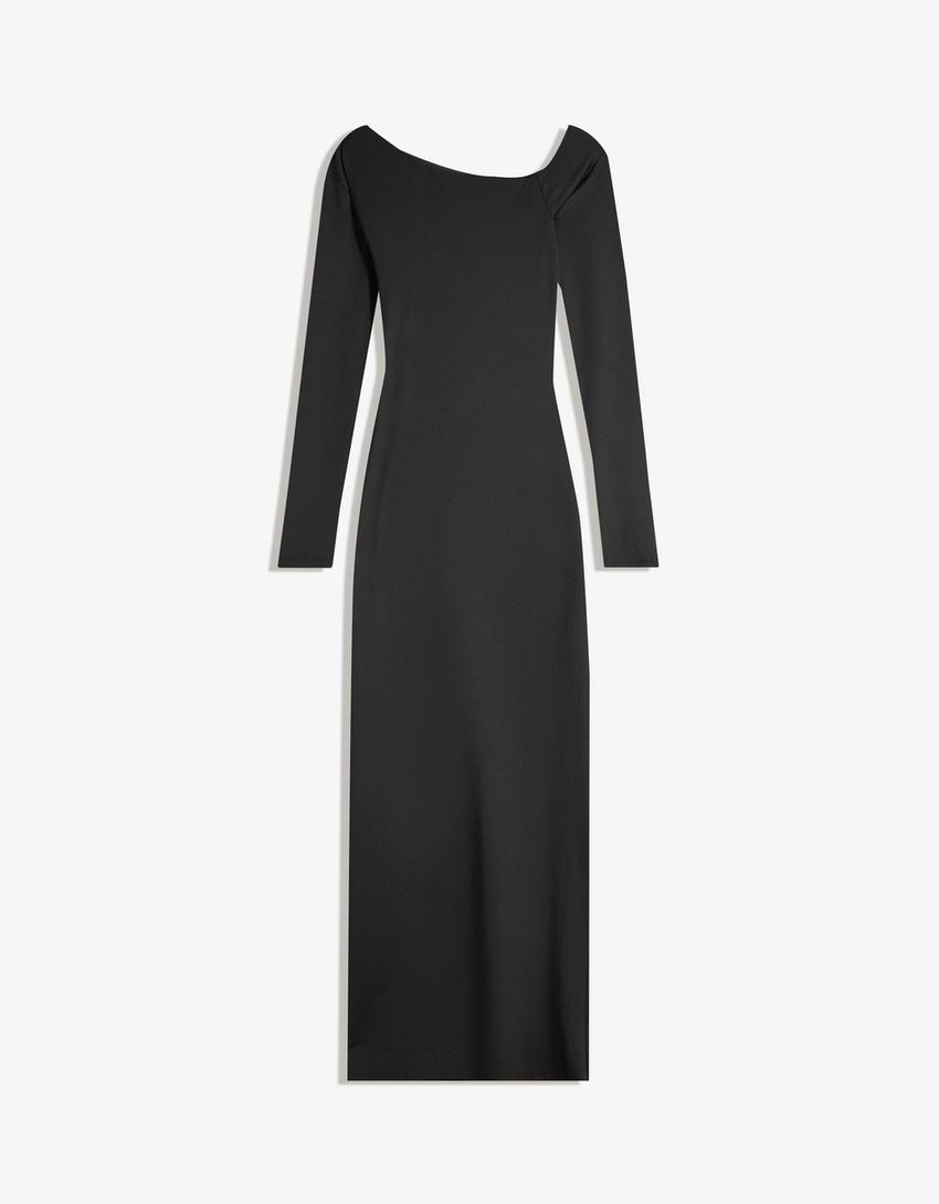 Asymmetric long sleeve midi dress-Black