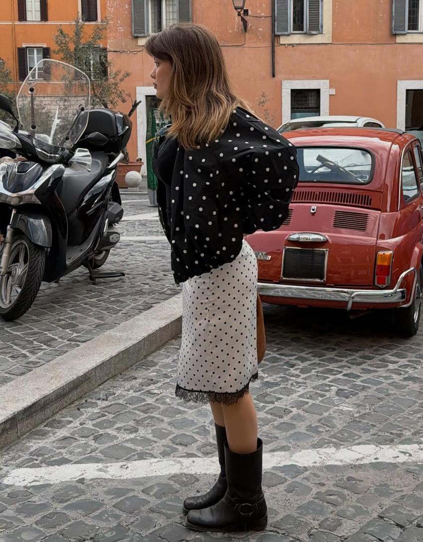 Falda midi satén-Blanco / Negro