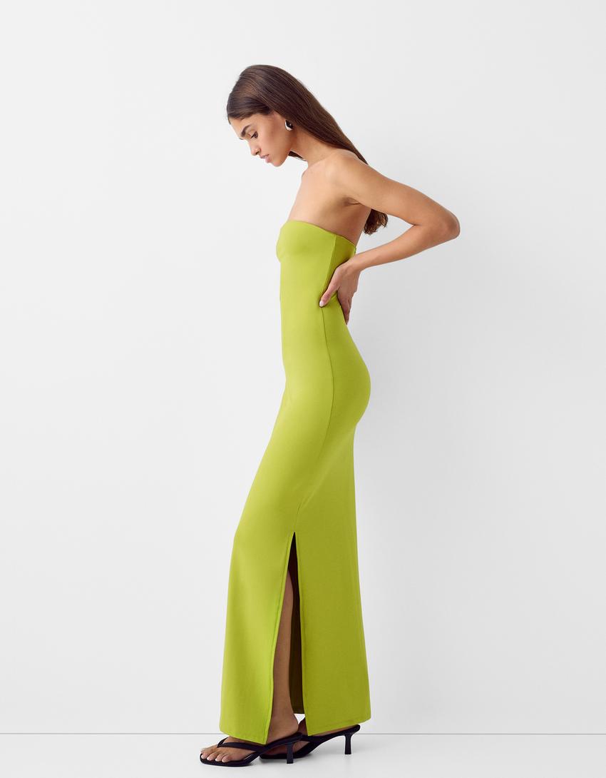 فستان متوسط الطول بدون حمالات-أخضر-3