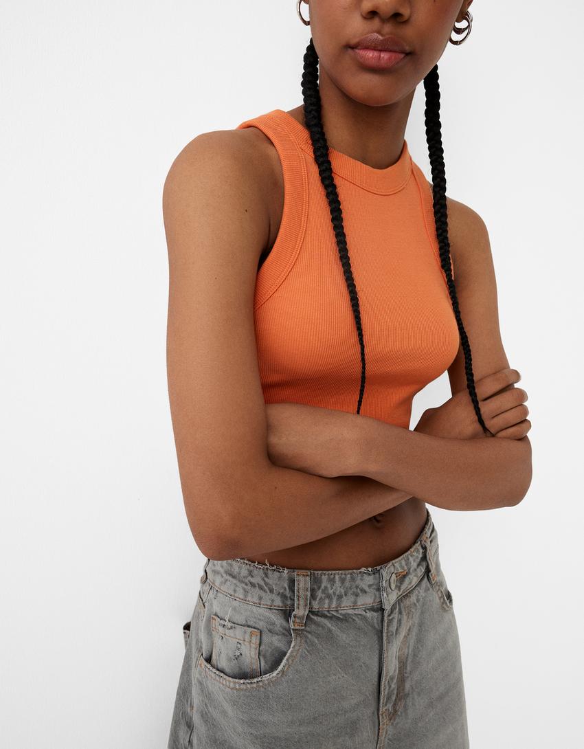 Fitilli kolsuz t-shirt-Turuncu-5