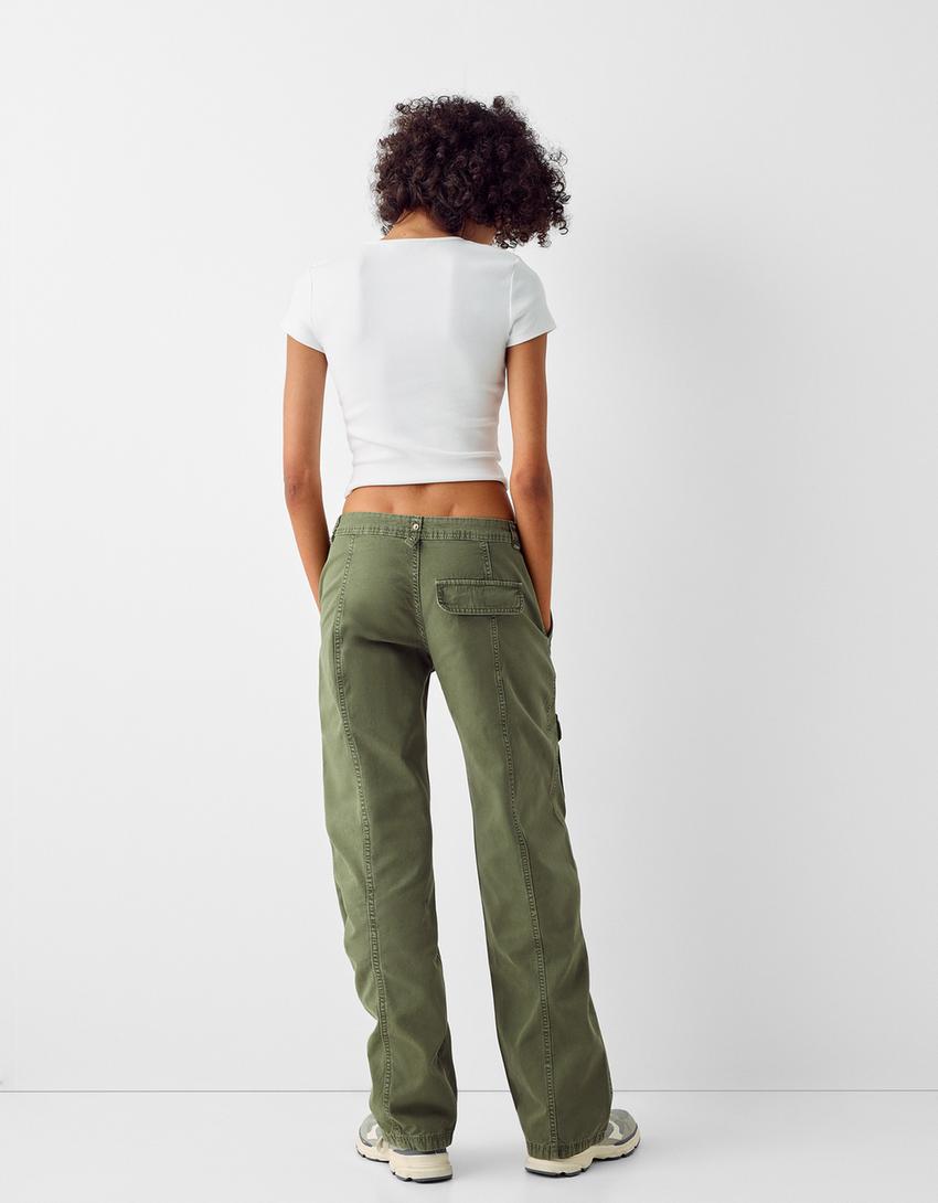 Low-waist cotton cargo pants with strap-Khaki-2
