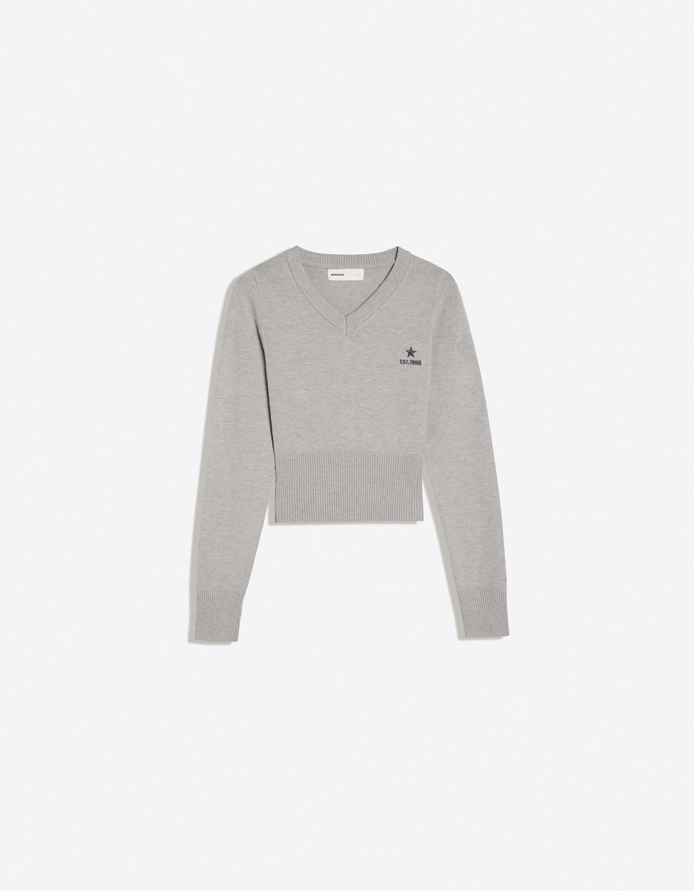 Embroidered V-neck jumper — Grey