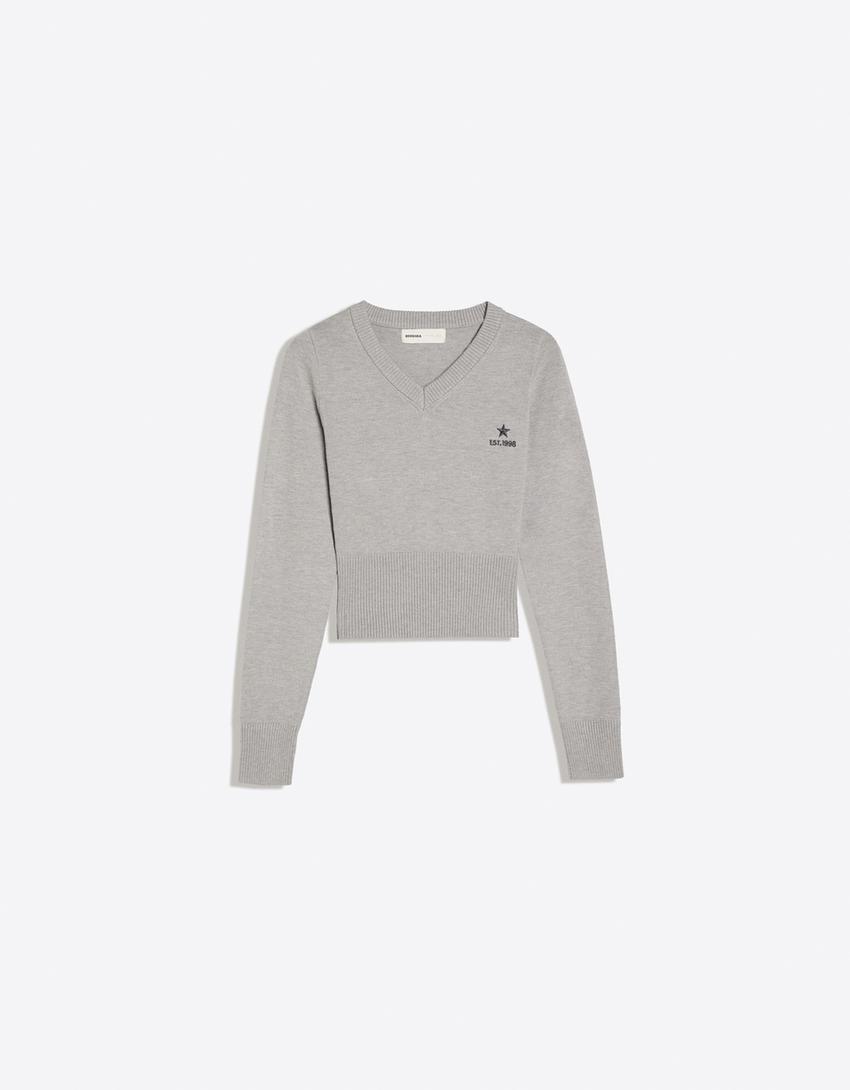 Embroidered V-neck jumper-Grey