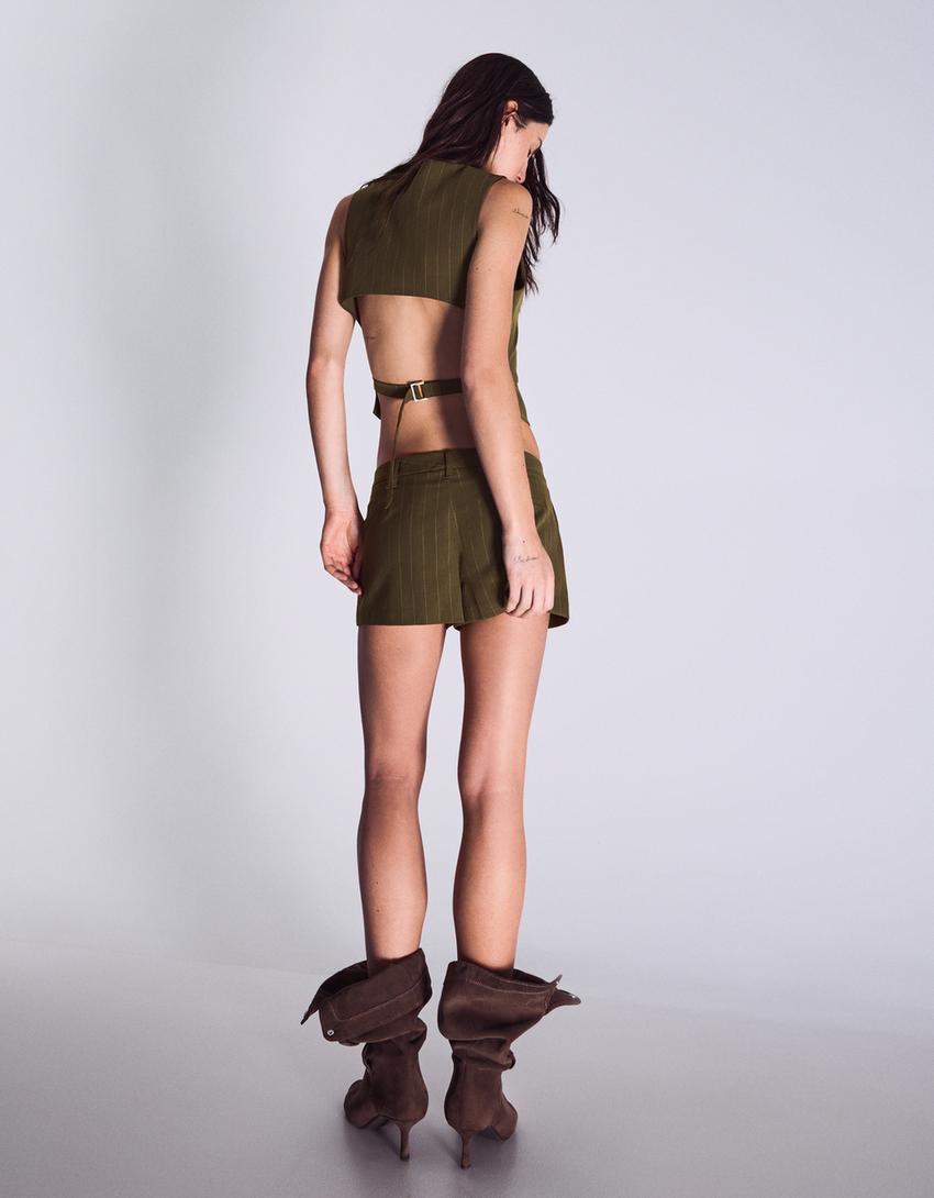 Striped waistcoat with back buckle-Khaki