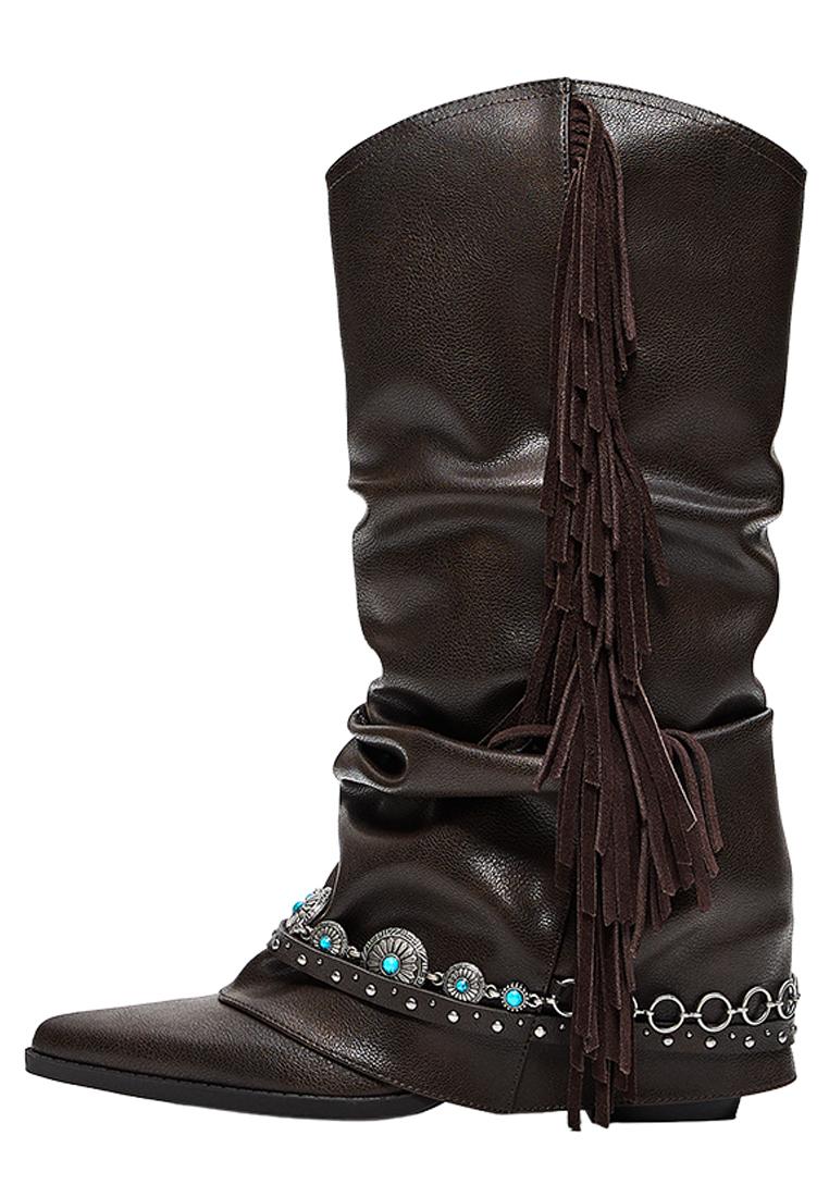 Fringed cowboy heel boots — Brown