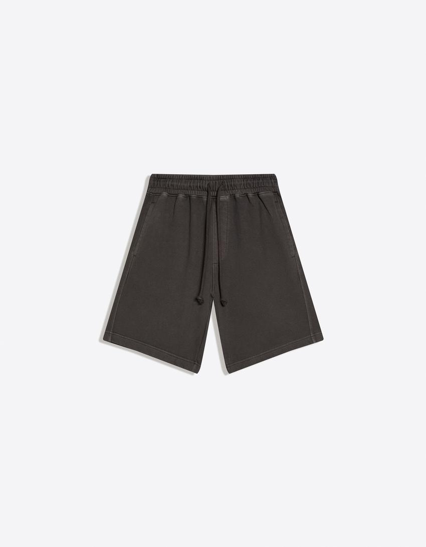 Yıkanmış boxy fit bermuda-Gri